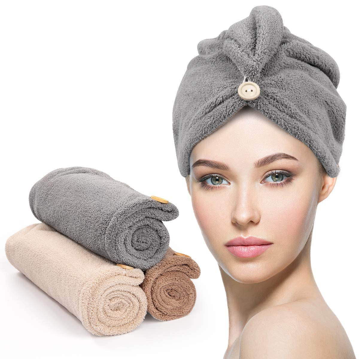"Ultimate 3-Pack Microfiber Hair Towel Wraps with Button - Super Absorbent, Fast-Drying, Anti-Frizz Solution for Curly Hair!"